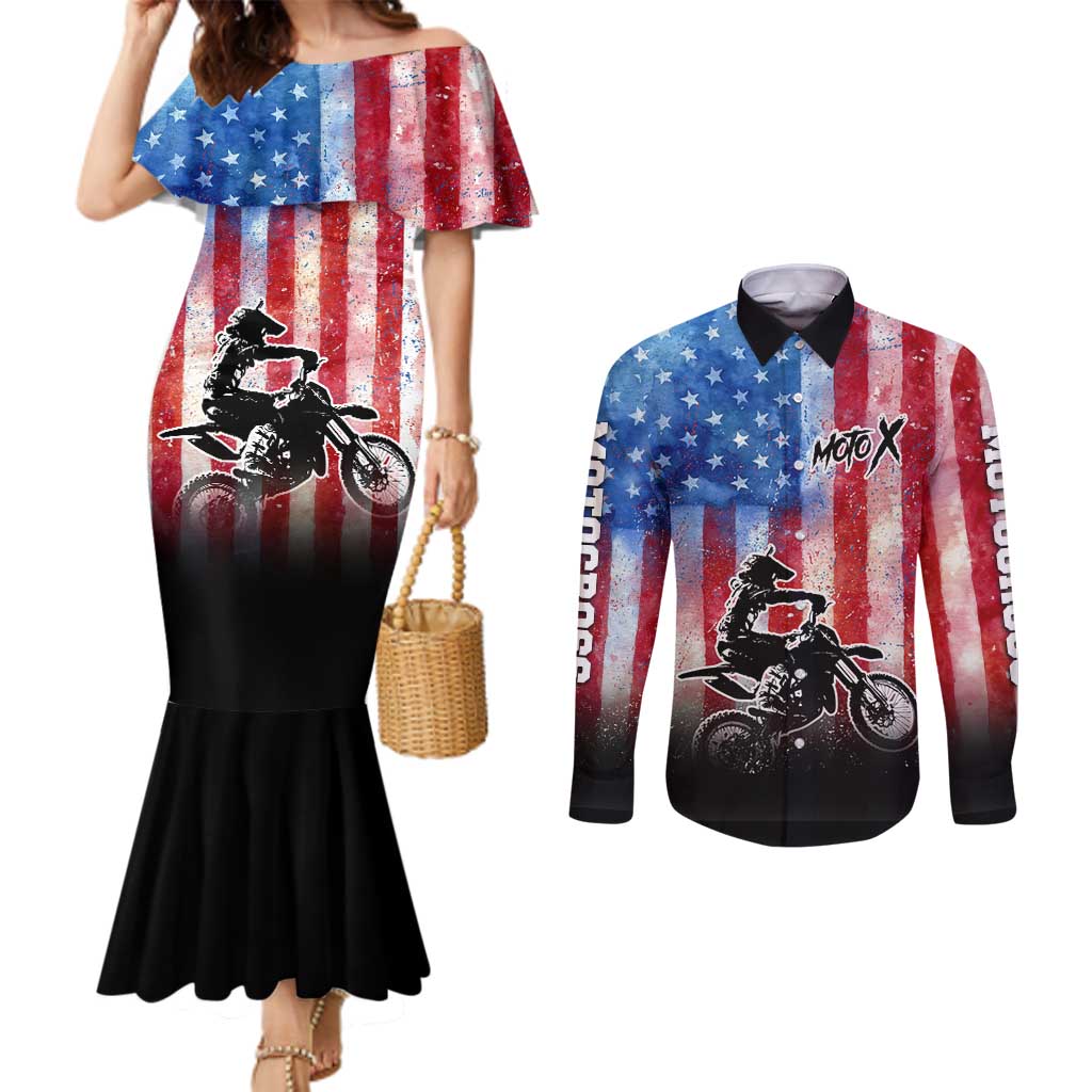Personalized Motocross Rider Couples Matching Mermaid Dress and Long Sleeve Button Shirt with Distressed American Flag in Red White Blue Grunge Style - Wonder Print Shop