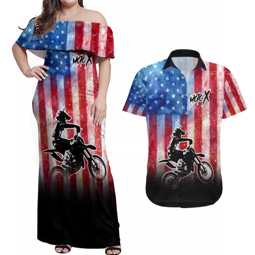Personalized Motocross Rider Couples Matching Off Shoulder Maxi Dress and Hawaiian Shirt with Distressed American Flag in Red White Blue Grunge Style - Wonder Print Shop