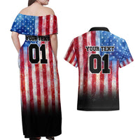 Personalized Motocross Rider Couples Matching Off Shoulder Maxi Dress and Hawaiian Shirt with Distressed American Flag in Red White Blue Grunge Style - Wonder Print Shop