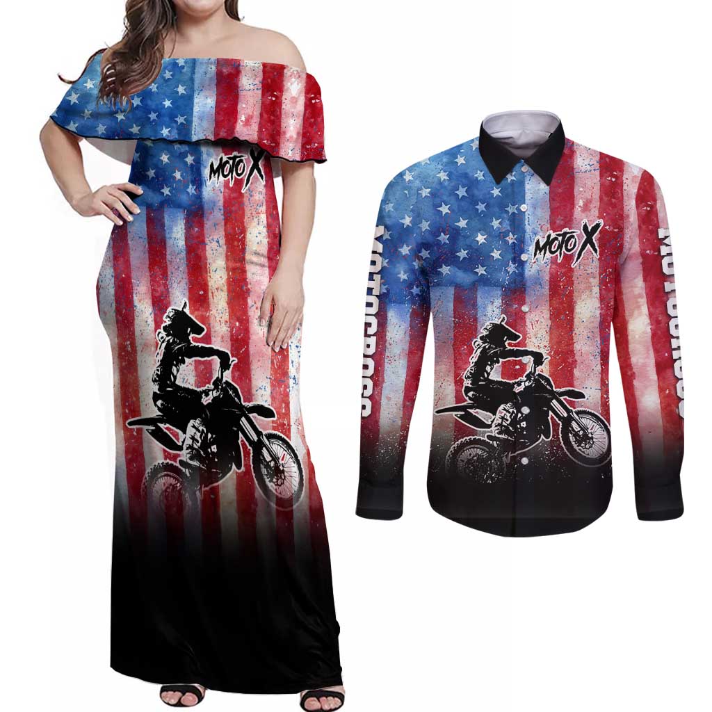 Personalized Motocross Rider Couples Matching Off Shoulder Maxi Dress and Long Sleeve Button Shirt with Distressed American Flag in Red White Blue Grunge Style - Wonder Print Shop