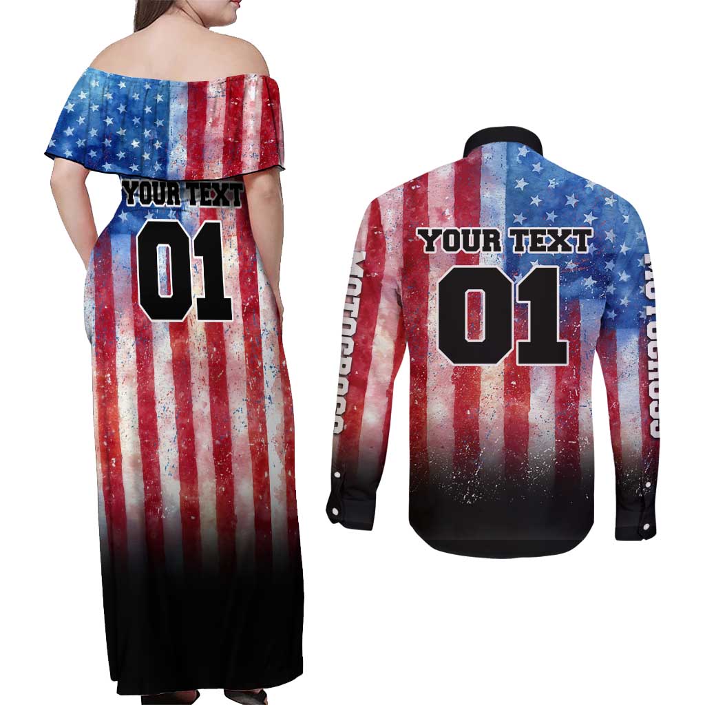 Personalized Motocross Rider Couples Matching Off Shoulder Maxi Dress and Long Sleeve Button Shirt with Distressed American Flag in Red White Blue Grunge Style - Wonder Print Shop