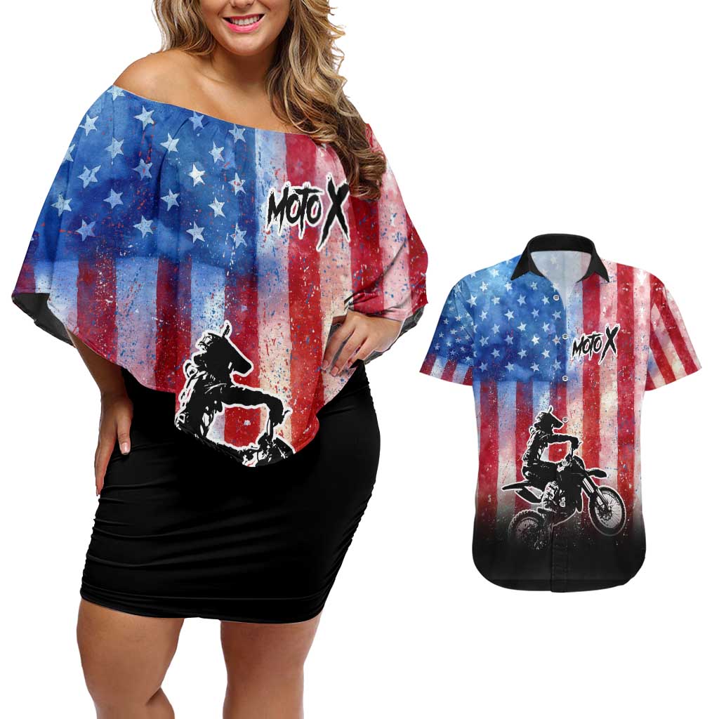 Personalized Motocross Rider Couples Matching Off Shoulder Short Dress and Hawaiian Shirt with Distressed American Flag in Red White Blue Grunge Style - Wonder Print Shop
