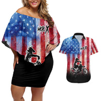 Personalized Motocross Rider Couples Matching Off Shoulder Short Dress and Hawaiian Shirt with Distressed American Flag in Red White Blue Grunge Style - Wonder Print Shop
