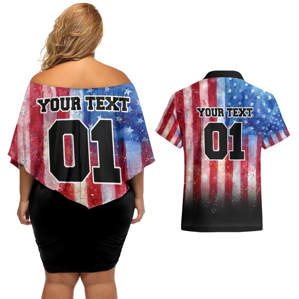 Personalized Motocross Rider Couples Matching Off Shoulder Short Dress and Hawaiian Shirt with Distressed American Flag in Red White Blue Grunge Style - Wonder Print Shop