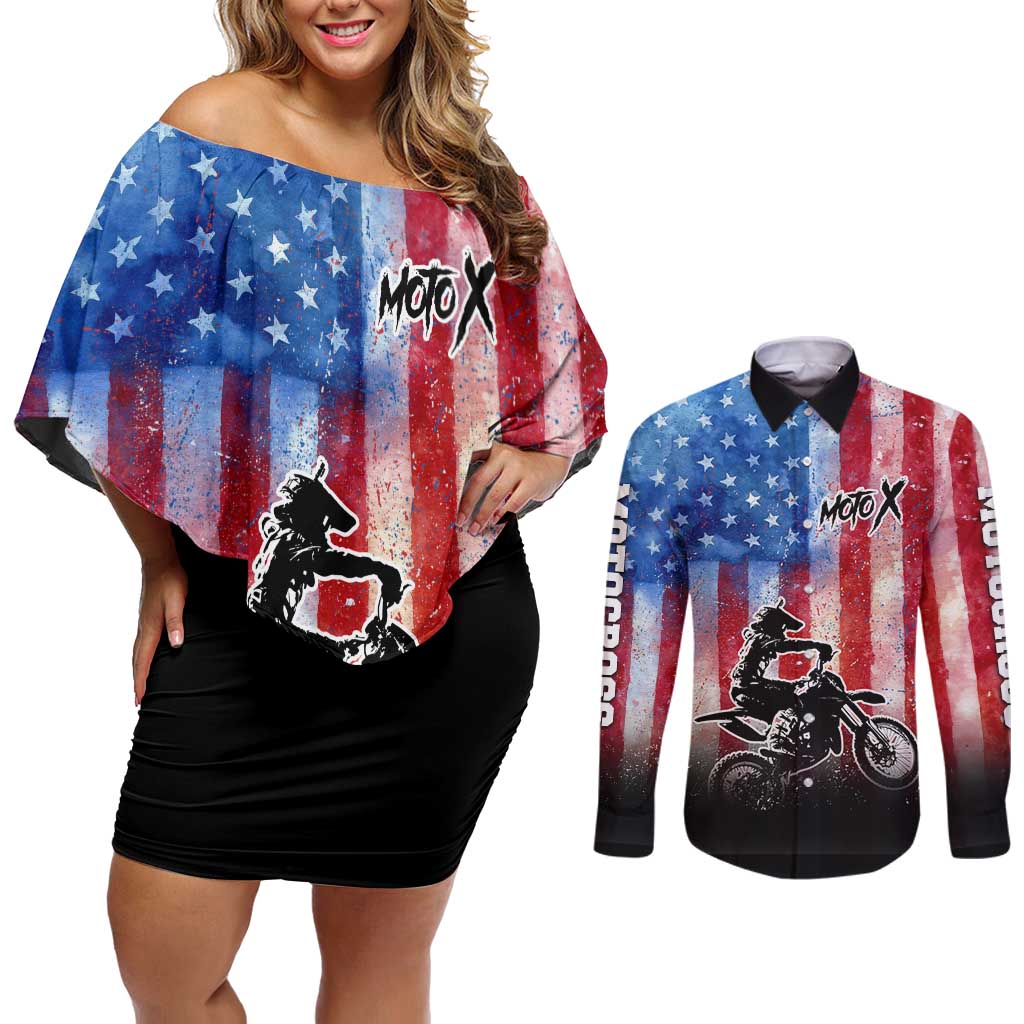 Personalized Motocross Rider Couples Matching Off Shoulder Short Dress and Long Sleeve Button Shirt with Distressed American Flag in Red White Blue Grunge Style - Wonder Print Shop