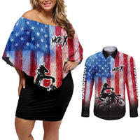 Personalized Motocross Rider Couples Matching Off Shoulder Short Dress and Long Sleeve Button Shirt with Distressed American Flag in Red White Blue Grunge Style - Wonder Print Shop