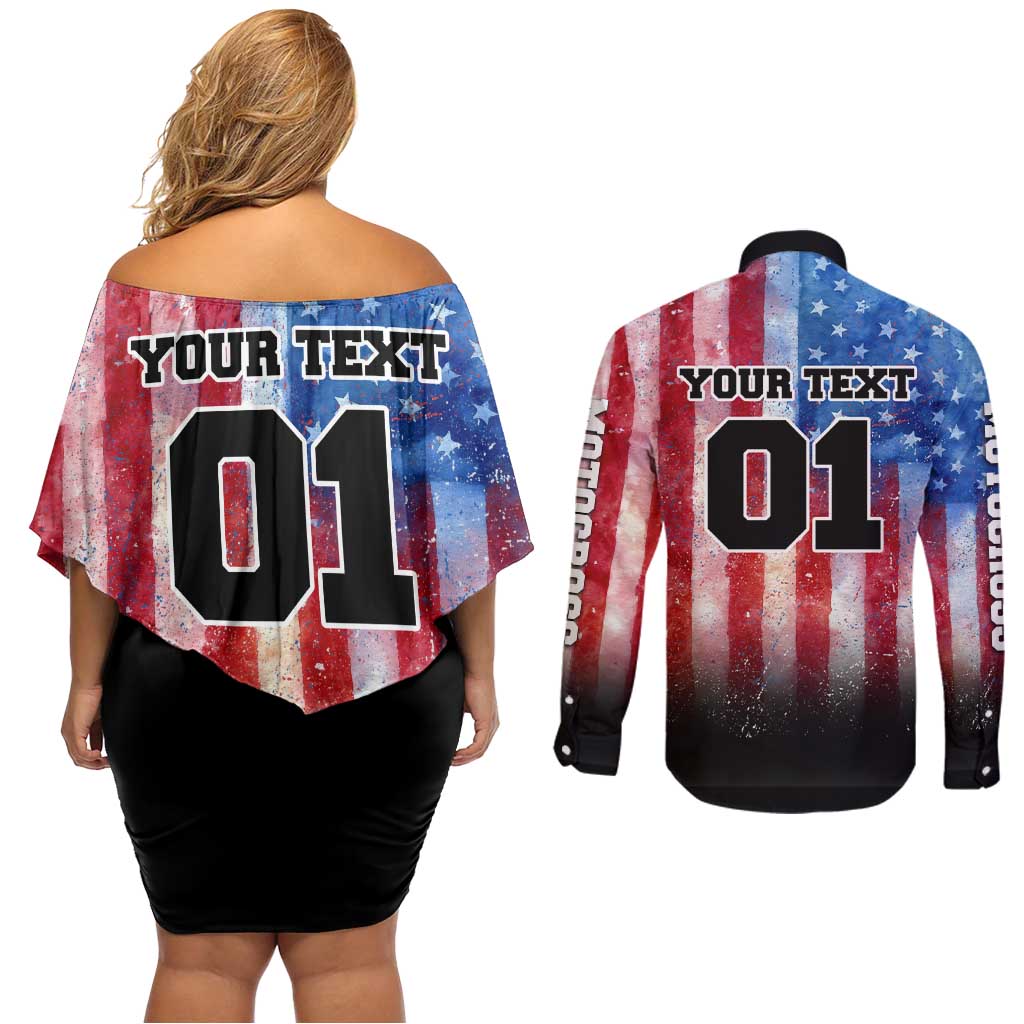 Personalized Motocross Rider Couples Matching Off Shoulder Short Dress and Long Sleeve Button Shirt with Distressed American Flag in Red White Blue Grunge Style - Wonder Print Shop