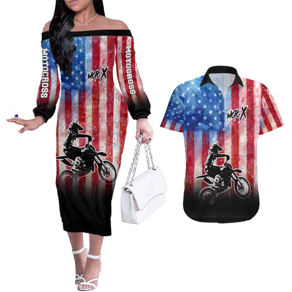 Personalized Motocross Rider Couples Matching Off The Shoulder Long Sleeve Dress and Hawaiian Shirt with Distressed American Flag in Red White Blue Grunge Style - Wonder Print Shop
