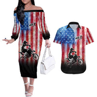 Personalized Motocross Rider Couples Matching Off The Shoulder Long Sleeve Dress and Hawaiian Shirt with Distressed American Flag in Red White Blue Grunge Style - Wonder Print Shop