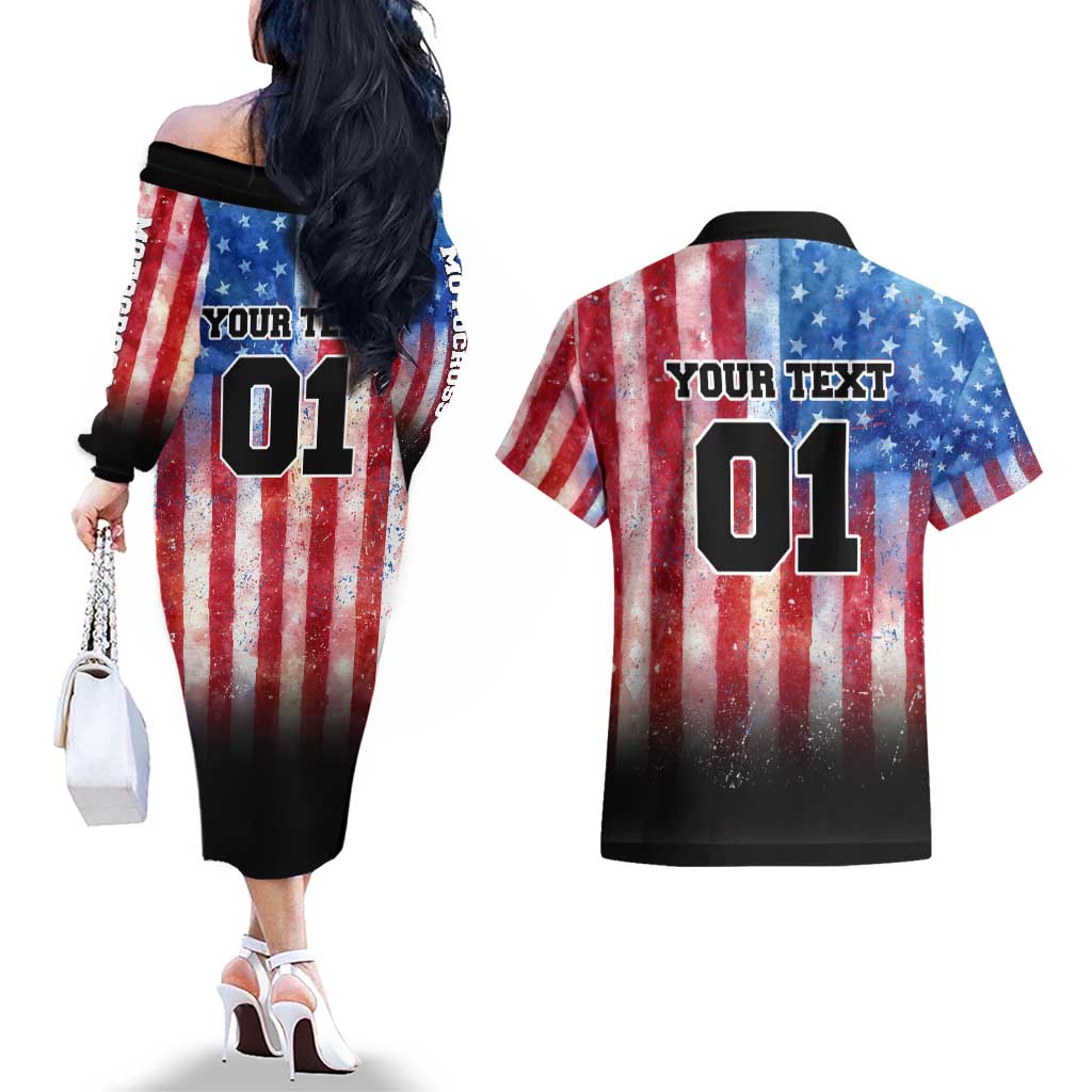 Personalized Motocross Rider Couples Matching Off The Shoulder Long Sleeve Dress and Hawaiian Shirt with Distressed American Flag in Red White Blue Grunge Style - Wonder Print Shop