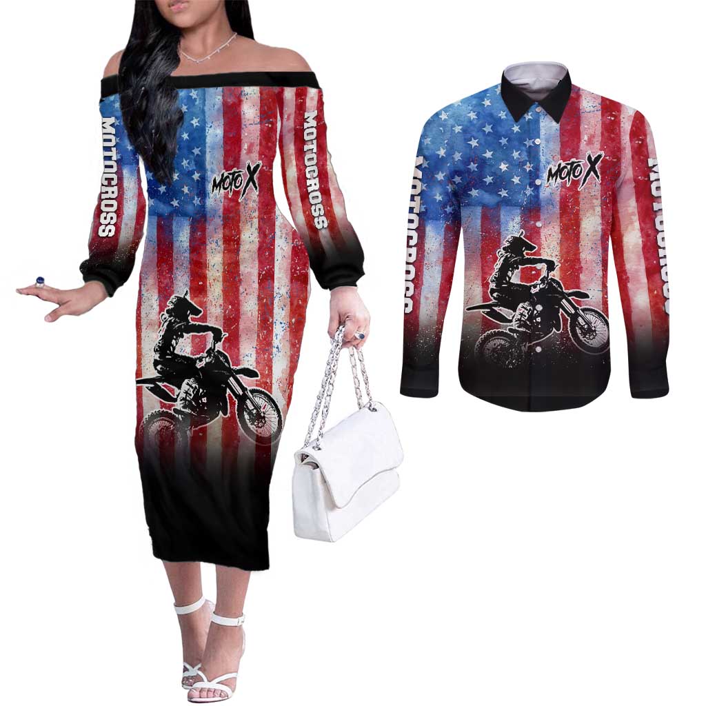 Personalized Motocross Rider Couples Matching Off The Shoulder Long Sleeve Dress and Long Sleeve Button Shirt with Distressed American Flag in Red White Blue Grunge Style - Wonder Print Shop