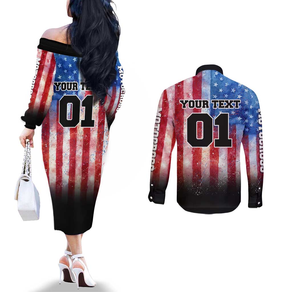 Personalized Motocross Rider Couples Matching Off The Shoulder Long Sleeve Dress and Long Sleeve Button Shirt with Distressed American Flag in Red White Blue Grunge Style - Wonder Print Shop