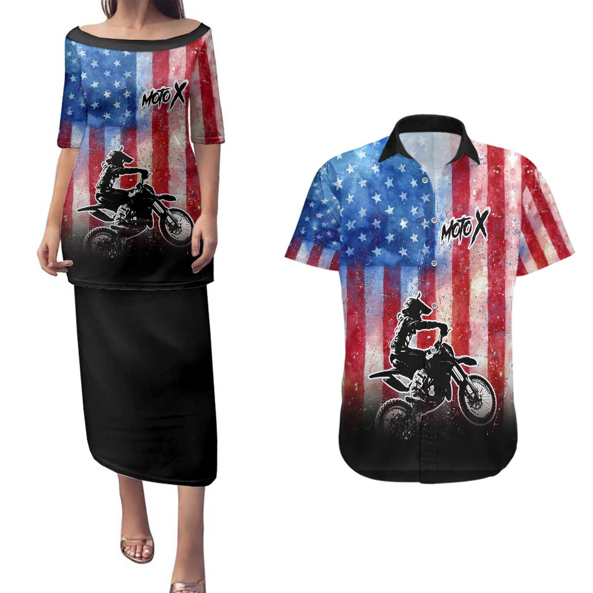 Personalized Motocross Rider Couples Matching Puletasi and Hawaiian Shirt with Distressed American Flag in Red White Blue Grunge Style - Wonder Print Shop
