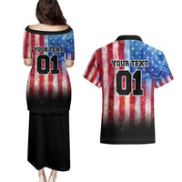 Personalized Motocross Rider Couples Matching Puletasi and Hawaiian Shirt with Distressed American Flag in Red White Blue Grunge Style - Wonder Print Shop