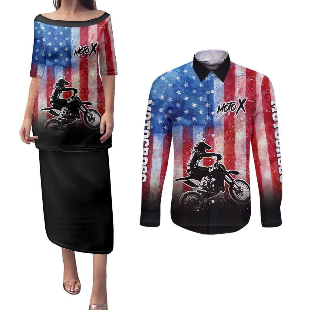 Personalized Motocross Rider Couples Matching Puletasi and Long Sleeve Button Shirt with Distressed American Flag in Red White Blue Grunge Style - Wonder Print Shop