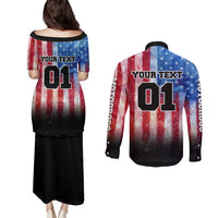 Personalized Motocross Rider Couples Matching Puletasi and Long Sleeve Button Shirt with Distressed American Flag in Red White Blue Grunge Style - Wonder Print Shop