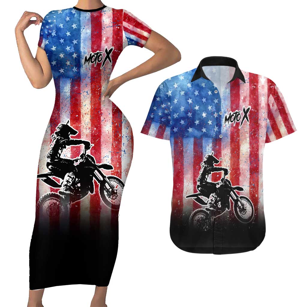Personalized Motocross Rider Couples Matching Short Sleeve Bodycon Dress and Hawaiian Shirt with Distressed American Flag in Red White Blue Grunge Style - Wonder Print Shop