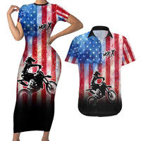 Personalized Motocross Rider Couples Matching Short Sleeve Bodycon Dress and Hawaiian Shirt with Distressed American Flag in Red White Blue Grunge Style - Wonder Print Shop