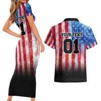 Personalized Motocross Rider Couples Matching Short Sleeve Bodycon Dress and Hawaiian Shirt with Distressed American Flag in Red White Blue Grunge Style - Wonder Print Shop