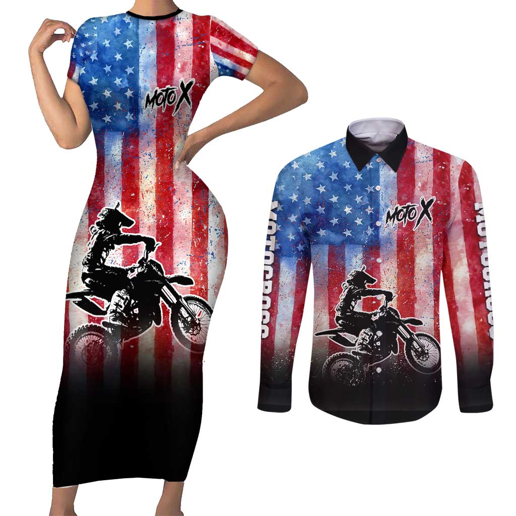 Personalized Motocross Rider Couples Matching Short Sleeve Bodycon Dress and Long Sleeve Button Shirt with Distressed American Flag in Red White Blue Grunge Style - Wonder Print Shop