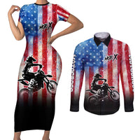 Personalized Motocross Rider Couples Matching Short Sleeve Bodycon Dress and Long Sleeve Button Shirt with Distressed American Flag in Red White Blue Grunge Style - Wonder Print Shop