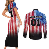 Personalized Motocross Rider Couples Matching Short Sleeve Bodycon Dress and Long Sleeve Button Shirt with Distressed American Flag in Red White Blue Grunge Style - Wonder Print Shop