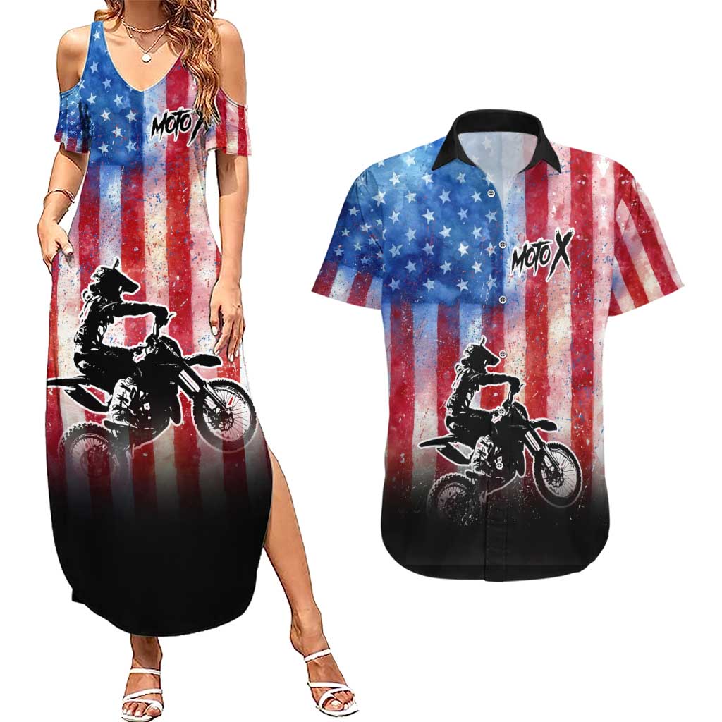Personalized Motocross Rider Couples Matching Summer Maxi Dress and Hawaiian Shirt with Distressed American Flag in Red White Blue Grunge Style - Wonder Print Shop