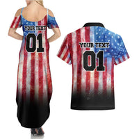 Personalized Motocross Rider Couples Matching Summer Maxi Dress and Hawaiian Shirt with Distressed American Flag in Red White Blue Grunge Style - Wonder Print Shop