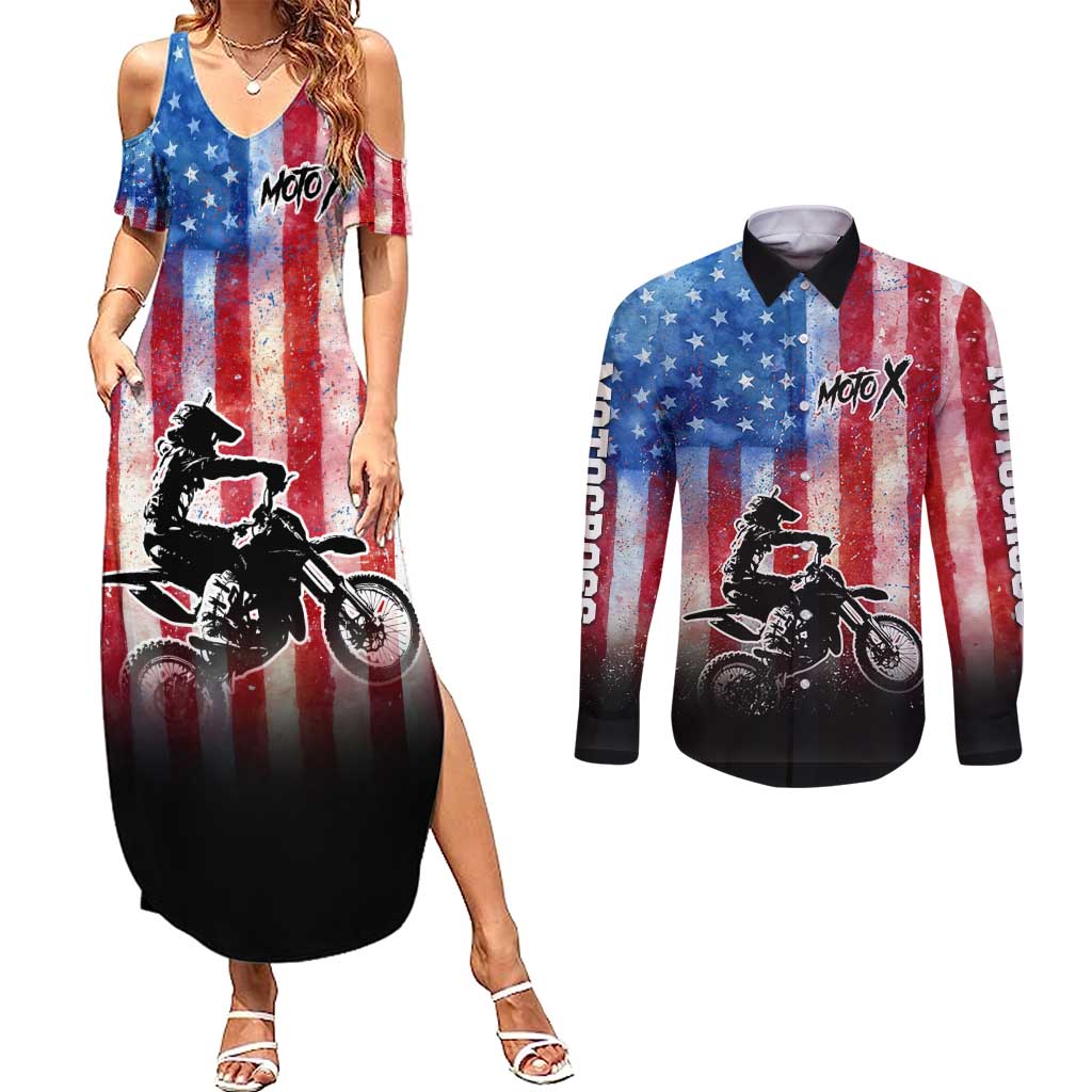 Personalized Motocross Rider Couples Matching Summer Maxi Dress and Long Sleeve Button Shirt with Distressed American Flag in Red White Blue Grunge Style - Wonder Print Shop