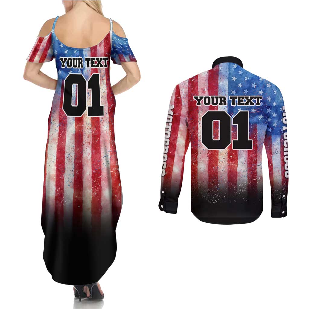 Personalized Motocross Rider Couples Matching Summer Maxi Dress and Long Sleeve Button Shirt with Distressed American Flag in Red White Blue Grunge Style - Wonder Print Shop