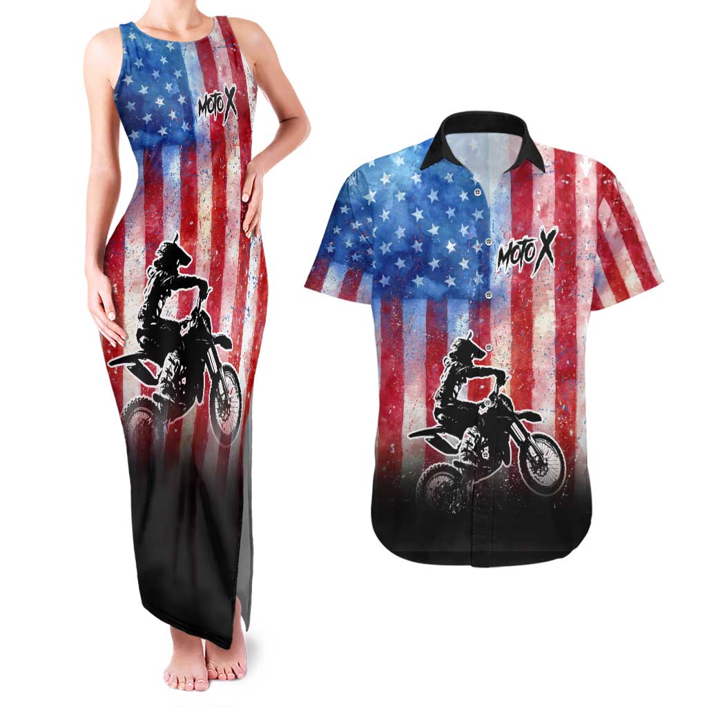 Personalized Motocross Rider Couples Matching Tank Maxi Dress and Hawaiian Shirt with Distressed American Flag in Red White Blue Grunge Style - Wonder Print Shop