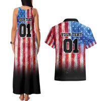 Personalized Motocross Rider Couples Matching Tank Maxi Dress and Hawaiian Shirt with Distressed American Flag in Red White Blue Grunge Style - Wonder Print Shop