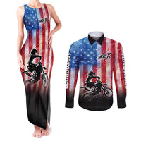 Personalized Motocross Rider Couples Matching Tank Maxi Dress and Long Sleeve Button Shirt with Distressed American Flag in Red White Blue Grunge Style - Wonder Print Shop