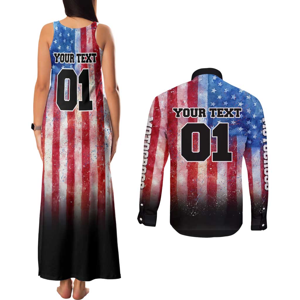 Personalized Motocross Rider Couples Matching Tank Maxi Dress and Long Sleeve Button Shirt with Distressed American Flag in Red White Blue Grunge Style - Wonder Print Shop