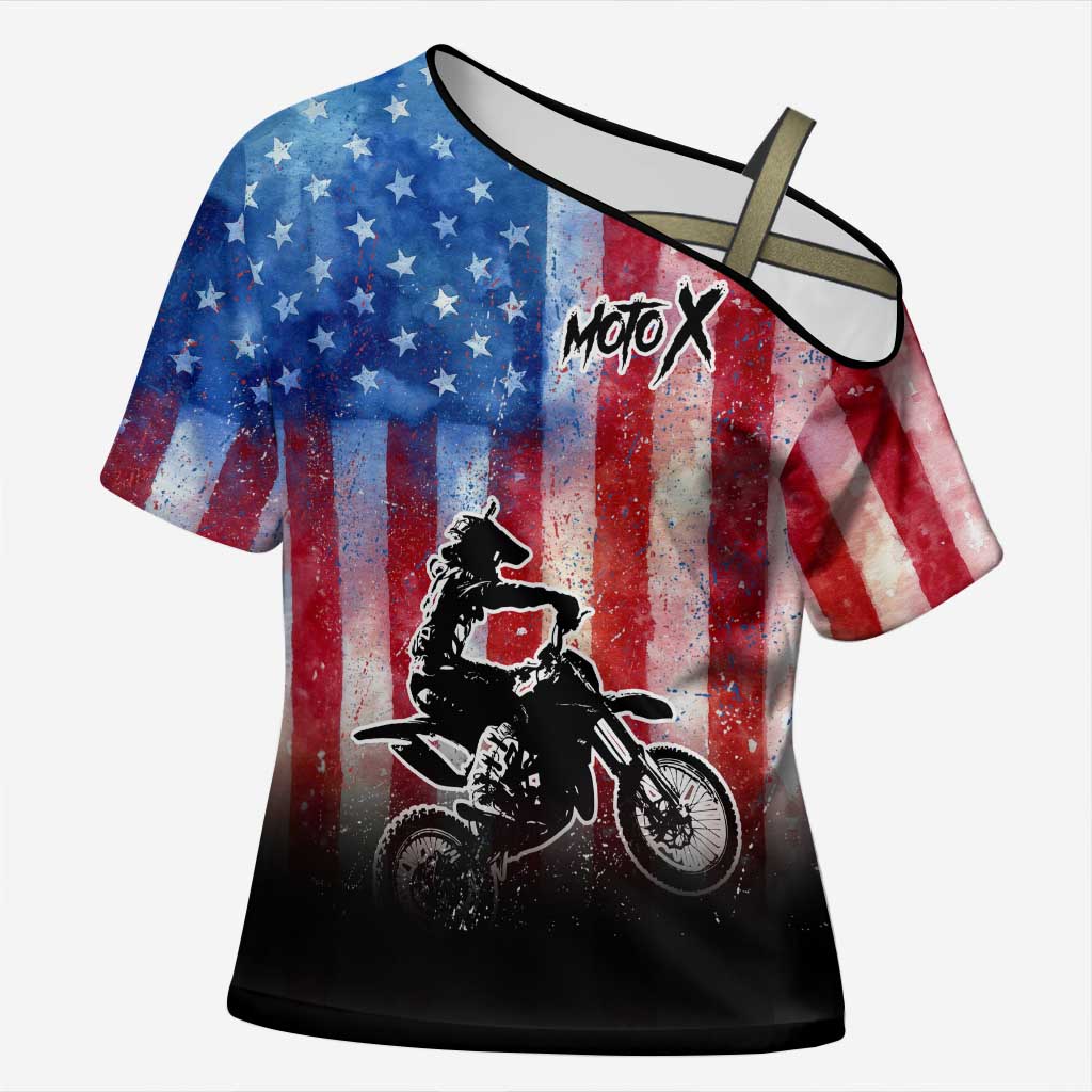 Personalized Motocross Rider Cross Shoulder Shirt with Distressed American Flag in Red White Blue Grunge Style - Wonder Print Shop
