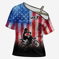 Personalized Motocross Rider Cross Shoulder Shirt with Distressed American Flag in Red White Blue Grunge Style - Wonder Print Shop