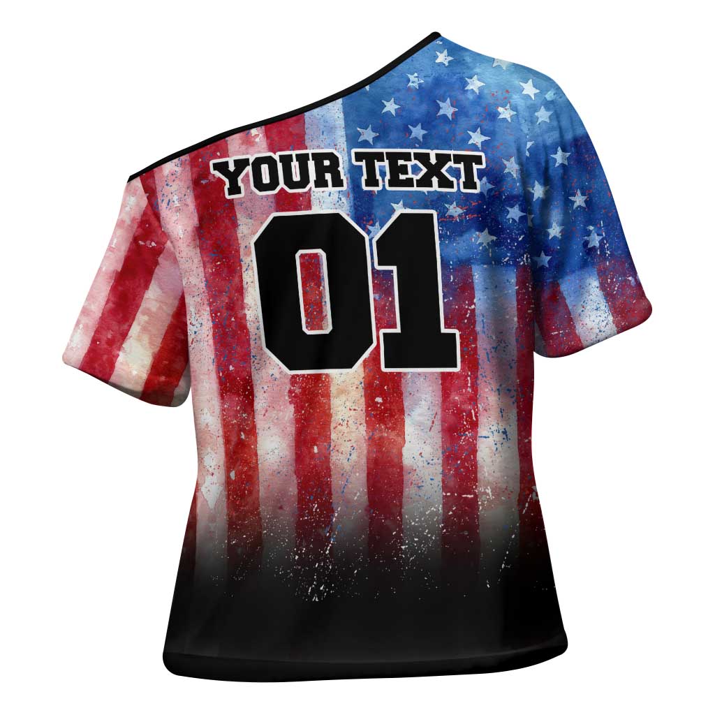 Personalized Motocross Rider Cross Shoulder Shirt with Distressed American Flag in Red White Blue Grunge Style - Wonder Print Shop
