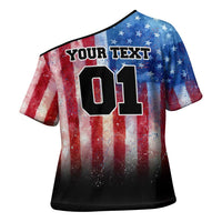 Personalized Motocross Rider Cross Shoulder Shirt with Distressed American Flag in Red White Blue Grunge Style - Wonder Print Shop