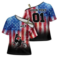 Personalized Motocross Rider Cross Shoulder Shirt with Distressed American Flag in Red White Blue Grunge Style - Wonder Print Shop