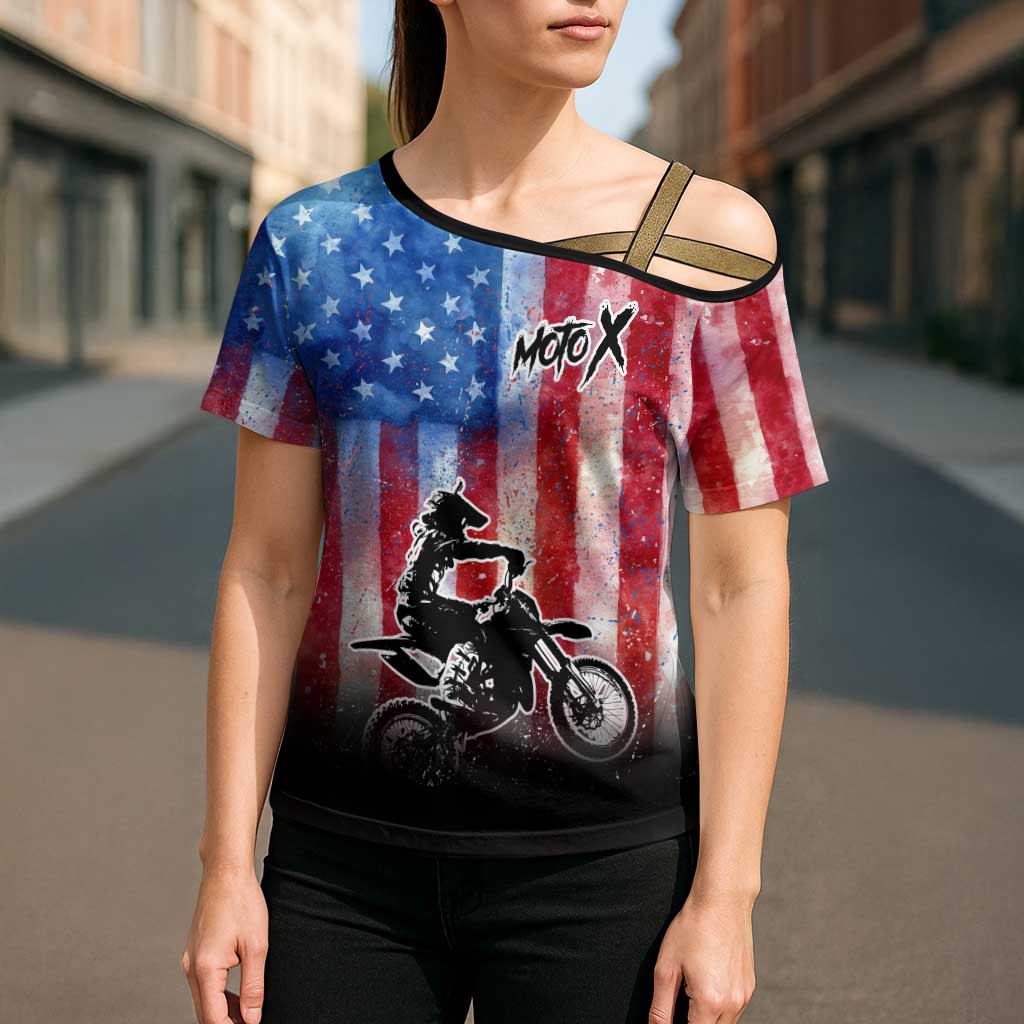 Personalized Motocross Rider Cross Shoulder Shirt with Distressed American Flag in Red White Blue Grunge Style - Wonder Print Shop