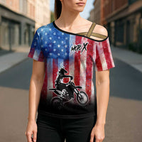Personalized Motocross Rider Cross Shoulder Shirt with Distressed American Flag in Red White Blue Grunge Style - Wonder Print Shop