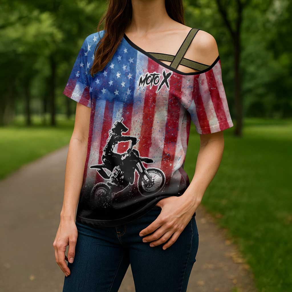 Personalized Motocross Rider Cross Shoulder Shirt with Distressed American Flag in Red White Blue Grunge Style - Wonder Print Shop