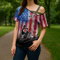 Personalized Motocross Rider Cross Shoulder Shirt with Distressed American Flag in Red White Blue Grunge Style - Wonder Print Shop
