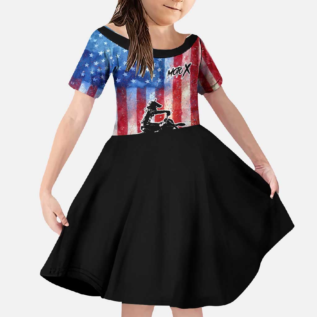 Personalized Motocross Rider Family Matching Long Sleeve Bodycon Dress and Hawaiian Shirt with Distressed American Flag in Red White Blue Grunge Style - Wonder Print Shop