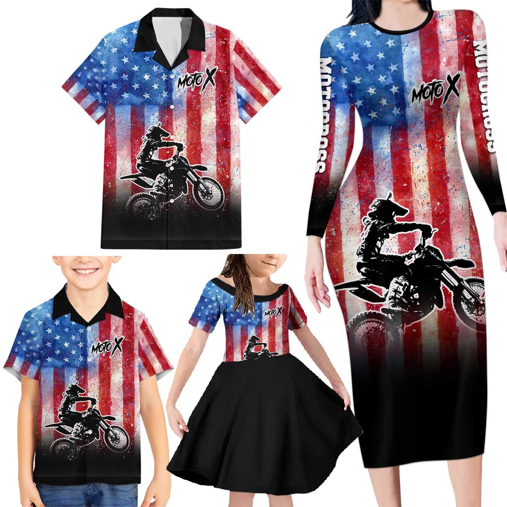 Personalized Motocross Rider Family Matching Long Sleeve Bodycon Dress and Hawaiian Shirt with Distressed American Flag in Red White Blue Grunge Style - Wonder Print Shop