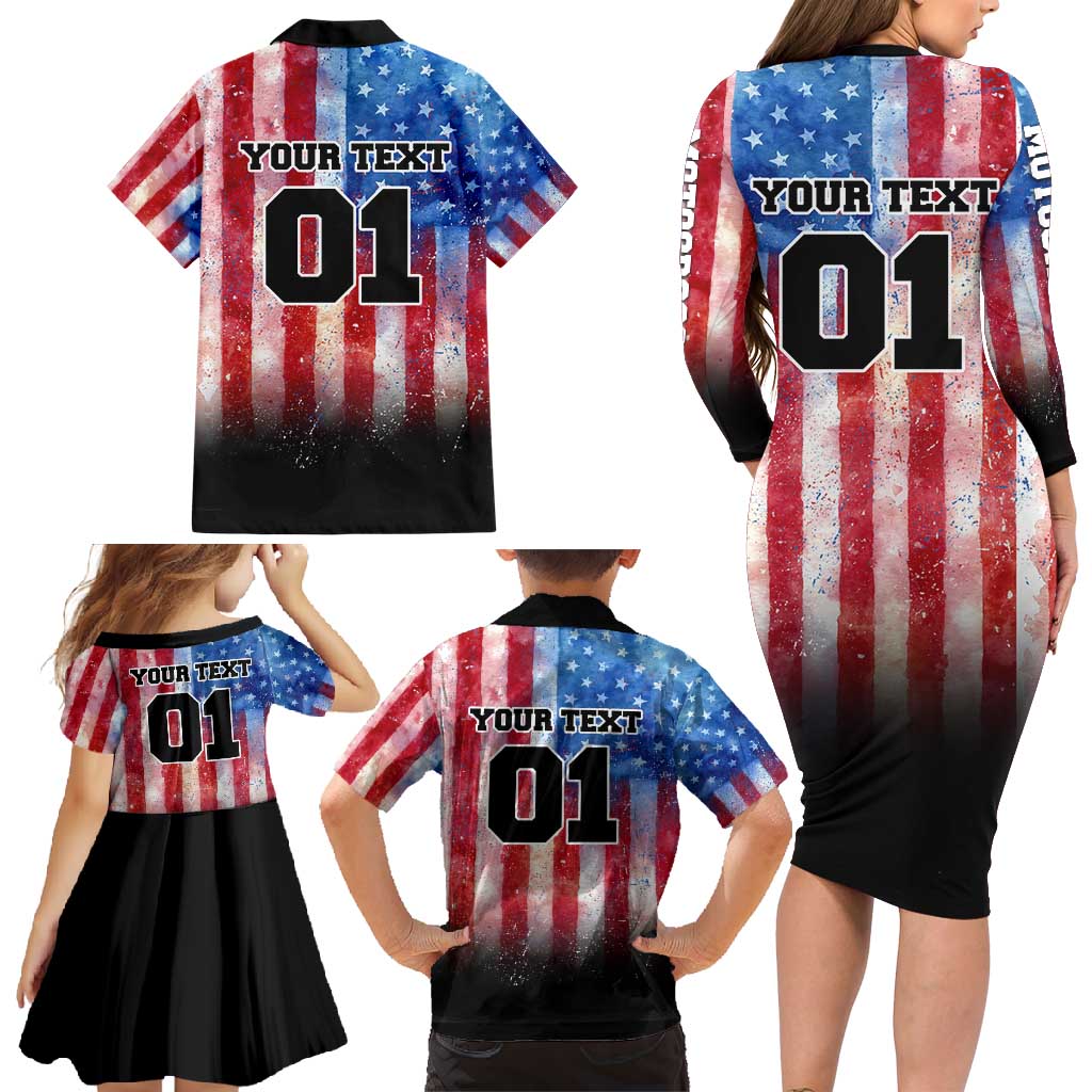 Personalized Motocross Rider Family Matching Long Sleeve Bodycon Dress and Hawaiian Shirt with Distressed American Flag in Red White Blue Grunge Style - Wonder Print Shop