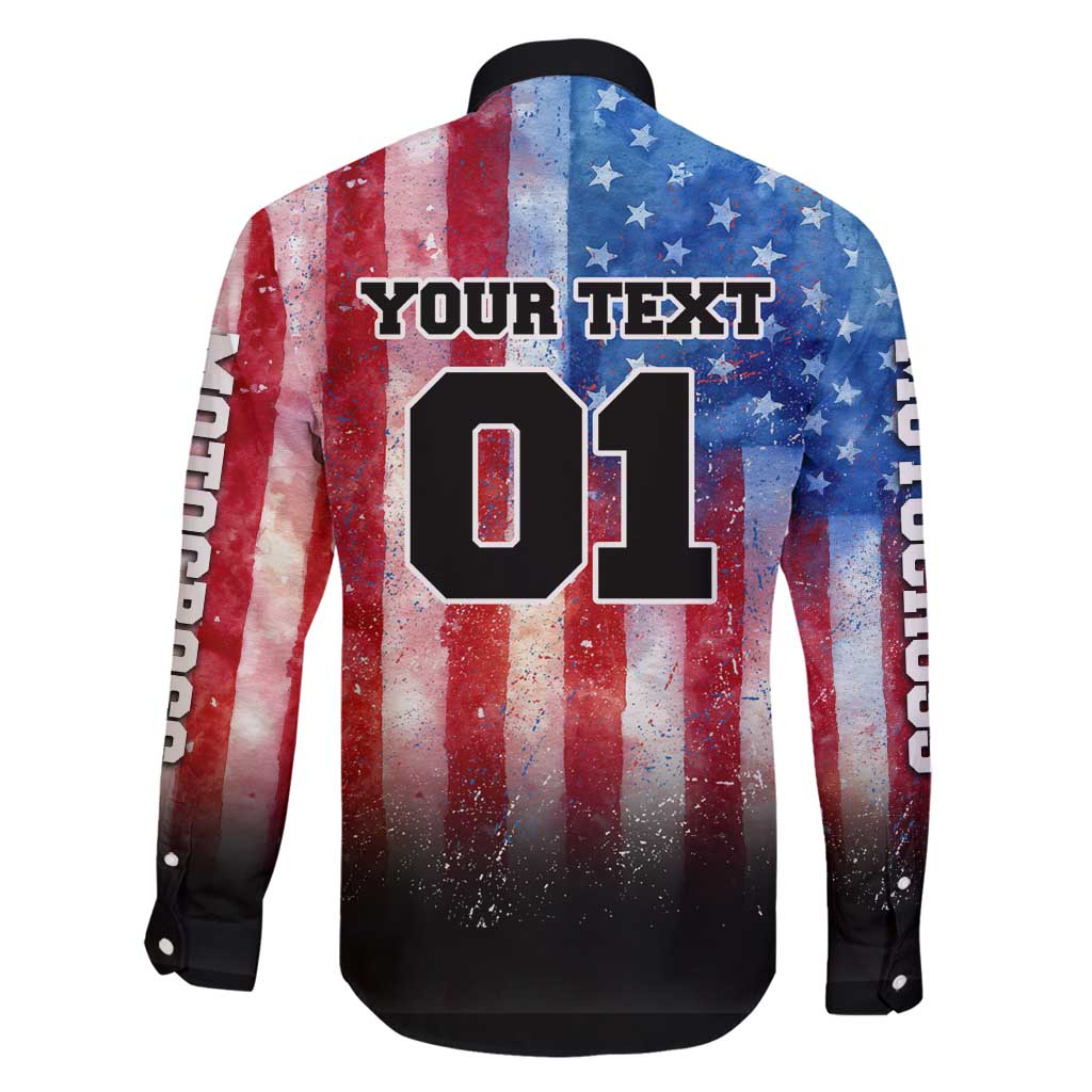Personalized Motocross Rider Family Matching Long Sleeve Bodycon Dress and Hawaiian Shirt with Distressed American Flag in Red White Blue Grunge Style - Wonder Print Shop