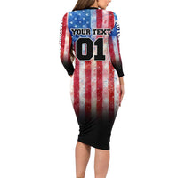 Personalized Motocross Rider Family Matching Long Sleeve Bodycon Dress and Hawaiian Shirt with Distressed American Flag in Red White Blue Grunge Style - Wonder Print Shop