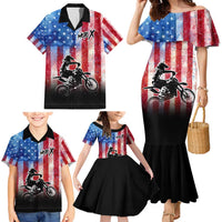 Personalized Motocross Rider Family Matching Mermaid Dress and Hawaiian Shirt with Distressed American Flag in Red White Blue Grunge Style - Wonder Print Shop