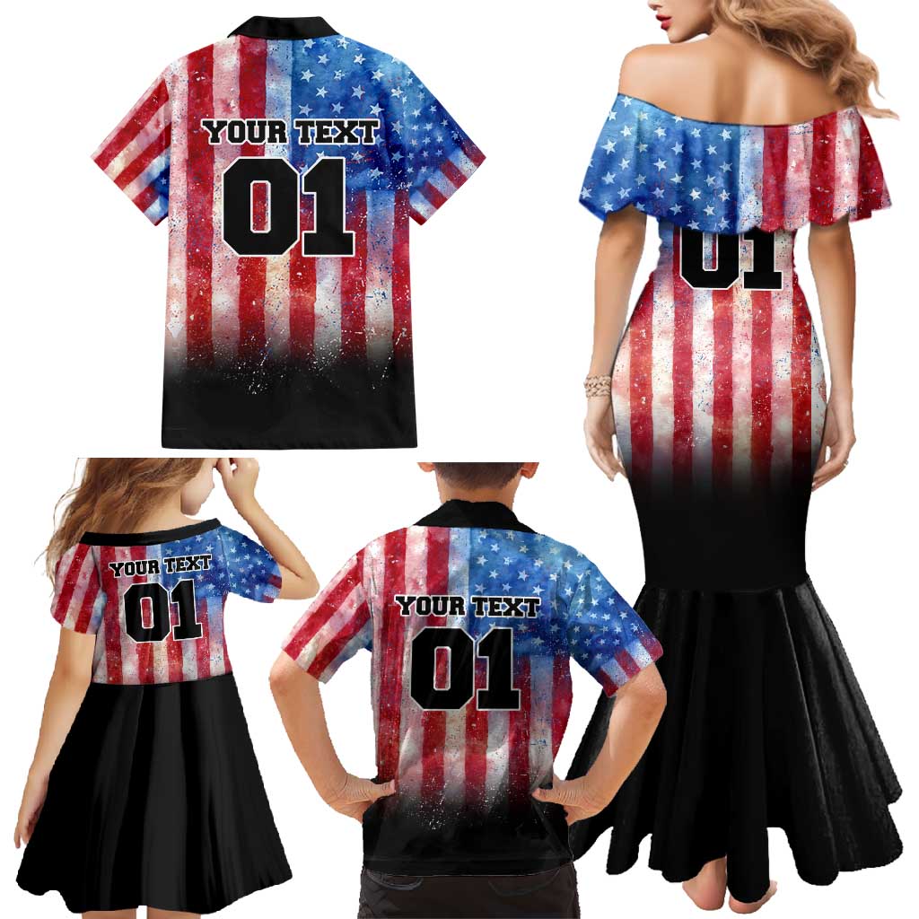 Personalized Motocross Rider Family Matching Mermaid Dress and Hawaiian Shirt with Distressed American Flag in Red White Blue Grunge Style - Wonder Print Shop